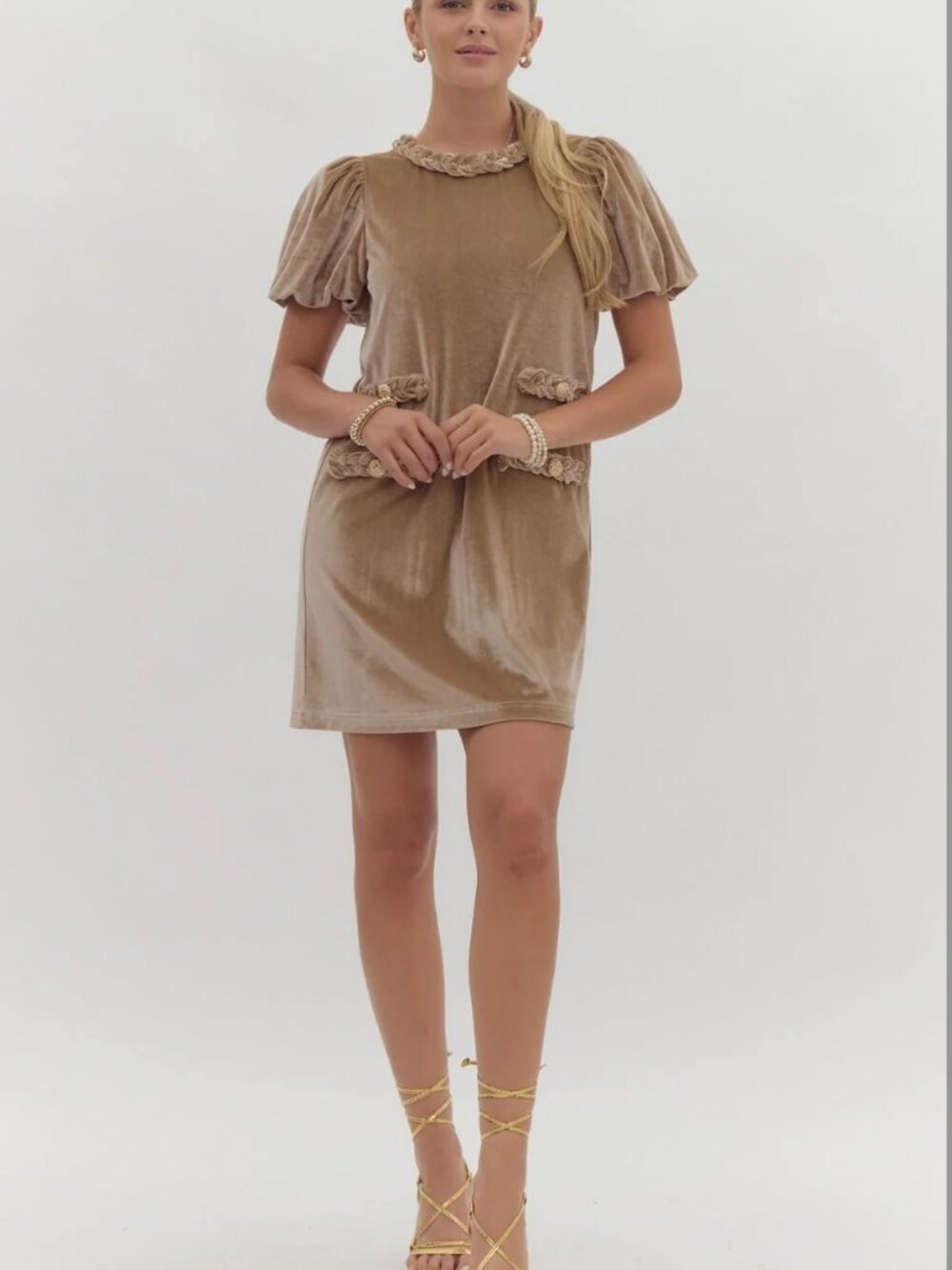 Entro Dress NWOT Sz L Mini Champaign Velvet Puff Sleeve Preppy Old Money Wedding